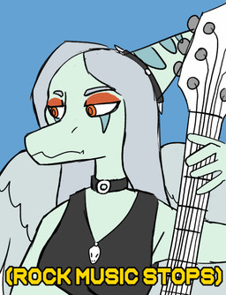 anthro blue_body breasts clothed clothing electric_guitar feathered_wings feathers female grey_hair guitar hair half-closed_eyes humor long_hair long_snout makeup medium_breasts musical_instrument narrowed_eyes orange_eyes plucked_string_instrument snout solo string_instrument text wings unknown_artist cavemanon_studios goodbye_volcano_high jazz_music_stops ko_op_(game_developer) snoot_game fang_(gvh) prehistoric_species pterosaur reptile scalie english_text meme reaction_image