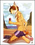 anthro beach clothing dessert detailed_background food ice_cream male necktie outside pawpads paws sand seaside sky solo summer swimwear yellow_eyes gothwolf felid feline lynx mammal digital_media_(artwork) hi_res