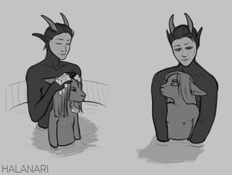 anthro bath bathing caressing_head duo female humanoid_on_anthro male male/female touching_pussy washing_hair water young young_anthro young_female halanari humanoid