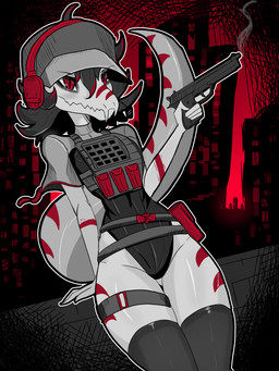 anthro biped black_clothing black_leotard breasts city city_background cityscape clothed clothed_anthro clothed_female clothing electronics female fingers front_view grey_body grey_clothing grey_legwear grey_thigh_highs gun handgun hat headgear headphones headwear holding_gun holding_handgun holding_object holding_pistol holding_ranged_weapon holding_weapon humanoid_hands legwear leotard long_tail looking_forward markings medium_hair non-mammal_breasts pistol plate_carrier pose ranged_weapon red_body red_eyes serious_face small_breasts solo striped_markings stripes tactical_gear tail thigh_highs topwear vest weapon gothgator0 kasey_(gothgator0) dinosaur dromaeosaurid microraptor prehistoric_species reptile saurischian scalie theropod 3:4 absurd_res hi_res portrait restricted_palette three-quarter_portrait