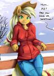 2020 anthro applejack_(mlp) clothed clothing dialogue digital_media_(artwork) english_text equid equine female fidzfox friendship_is_magic green_eyes hasbro hat headgear headwear hi_res looking_at_viewer mammal my_little_pony nipple_outline outside solo text winter