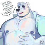 anthro belly blush clothed clothing eyes_closed male moobs nipples open_clothing open_shirt open_topwear overweight overweight_male shirt simple_background solo text topwear white_background ruslorc aggretsuko sanrio shirota_(aggretsuko) bear mammal polar_bear ursine 1:1 2021 english_text hi_res