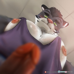 anthro big_muscles big_pecs black_hair blurred_foreground ceiling clothing fur genitals green_eyes hair huge_pecs humanoid_genitalia humanoid_penis lime_eyes low-angle_view male multicolored_body multicolored_fur muscular nervous nipples pecs penis pink_nose purple_clothing purple_shirt purple_tank_top purple_topwear selfie shirt solo tank_top topwear stampmats paradise edric(summer_paradise_fvn) felid mammal pantherine tiger 1:1 hi_res