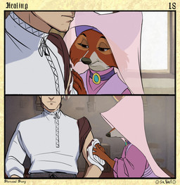 4_fingers anthro arm_wound blood blood_stain bodily_fluids border brooch brown_hair chair cheek_tuft clothed clothed_anthro clothed_female clothed_human clothed_male clothing countershade_face countershade_fur countershading duo eyebrows eyelashes facial_tuft female female_anthro fingers fur furniture hair headdress inside iris kneeling light_body light_skin light_through_window looking_at_another male male_human narrowed_eyes noblewoman on_model page_number pupils rag shirt sitting snout stone_wall text title topwear translucent translucent_clothing translucent_headdress tuft wall_(structure) white_clothing white_shirt white_topwear wimple wound_on_arm sir_paulus disney robin_hood_(disney) maid_marian pavel_(sir_paulus) canid canine canis fox human mammal artist_name comic hi_res