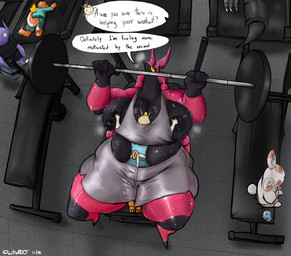 anthro athletic_wear barbell belly belly_squish between_breasts big_belly big_breasts black_body bodily_fluids bottomwear breasts clothing dialogue duo exercise face_in_breasts falling_over female fire flaming_tail gym gym_bottomwear gym_shorts huge_breasts inside_clothing larger_female male obese obese_female overweight overweight_anthro overweight_female public purple_body red_body shirt shorts size_difference smaller_male smothering squish sweat t-shirt tail text thick_thighs topwear treadmill under_clothes weight_bench weightlifting workout yellow_eyes doctordj nintendo pokemon arthropod charmander felid feline generation_1_pokemon generation_3_pokemon generation_5_pokemon mammal meowth pokemon_(species) sableye scalie scolipede spinda english_text hi_res