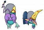 anthro barefoot bottomless butt clothed clothing doorway feet female genitals hat headgear headwear long_tail pussy robe solo stuck tail samuriolu gigantic motiga mozu_(gigantic) goblin_(gigantic) mammal absurd_res hi_res