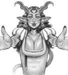 2_horns big_breasts black_eyebrows black_hair black_lips breasts cleavage clothed clothed_female clothed_humanoid clothing colored_nails dress eyebrows female female_humanoid fingernails fingers fully_clothed fully_clothed_female fully_clothed_humanoid grey_body grey_fingernails grey_horn grey_nails grey_skin grey_tail hair horn humanoid_pointy_ears leaning leaning_forward light lips long_tail looking_at_viewer nails not_furry open_mouth open_smile pointy_ears reaching_towards_viewer simple_background smile smiling_at_viewer solo tail teeth wavy_hair white_background white_clothing white_dress bingoblin lukka_(bingoblin) demon demon_humanoid horned_humanoid humanoid tailed_humanoid 2025 digital_drawing_(artwork) digital_media_(artwork) english_description greyscale hi_res lighting monochrome shaded