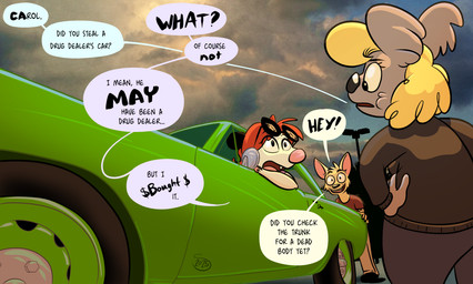 anthro black_eyes blonde_hair brown_body brown_fur car clothed clothing cloud dialogue eyewear female fully_clothed fur goggles group hair looking_at_another male open_mouth outside red_hair sky speech_bubble street_lamp tan_body tan_fur text trio vehicle sonderjen ben_arden carol_carroll ellen_derricks american_opossum canid canine canis chihuahua domestic_dog koala mammal marsupial toy_dog virginia_opossum vombatiform 2025 english_text hi_res