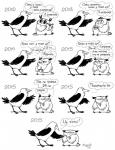 avian beverage bird boggartowl book comic corvid corvus_(genus) crow crow_(bc999) duo food hi_res line_art monochrome oscine owl owl_(boggartowl) passerine reading russian_text tea text translated