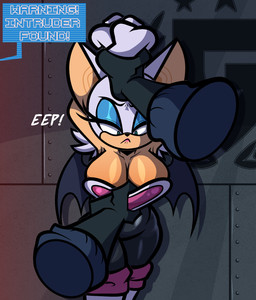 ambiguous_gender anthro big_breasts breasts caught cleavage clothed clothed_anthro clothed_female clothing duo eyeshadow female female/ambiguous female_focus fur latex latex_clothing lipstick makeup shortstack solo_focus tail tan_body tan_skin teasing undressing undressing_another wings yellowcyann sega sonic_the_hedgehog_(series) rouge_the_bat bat mammal digital_media_(artwork) hi_res