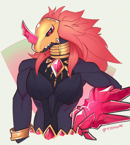 anthro armor bangle black_body black_sclera female gem hair headgear helmet jewelry long_hair necklace red_eyes red_hair solo tidywire bandai_namco digimon digimon_alysion digimon_(species) reptilimon scalie absurd_res hi_res