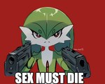 2020 adam_angel aiming_at_viewer ambiguous_gender angry artist_name digital_media_(artwork) dual_wielding english_text gardevoir generation_3_pokemon green_hair gun hair handgun hi_res holding_gun holding_object holding_ranged_weapon holding_weapon humanoid humor icon impact_(font) meme nintendo no_horny not_furry pistol pointing_gun pointing_gun_at_viewer pokemon pokemon_(species) ranged_weapon reaction_image red_background red_eyes simple_background solo text weapon