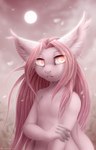 2021 anthro bloominglynx cherin_neen ear_tuft eyelashes female fur hair half-length_portrait hi_res long_hair monotone_body monotone_fur multicolored_eyes narrowed_eyes pink_body pink_ears pink_eyes pink_fur pink_hair pink_inner_ear pink_sky portrait signature sky solo tuft two_tone_eyes wavy_hair yellow_eyes