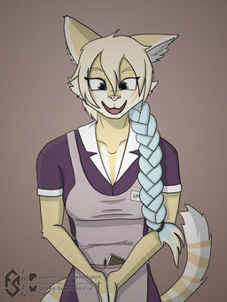 anthro apron blonde_hair blue_eyes blue_hair braided braided_hair braided_ponytail breasts clothed clothing female fur hair hands_together looking_at_viewer markings name_tag note_pad open_mouth pen_(object) pink_nose ponytail purple_top simple_background smile solo standing striped_body striped_fur striped_markings striped_tail stripes tail tail_markings topwear uniform white_body white_fur writing_utensil yellow_body yellow_fur flawedspirit felid mammal pantherine tiger 2026 3:4 absurd_res cel_shading digital_drawing_(artwork) digital_media_(artwork) half-length_portrait hi_res portrait shaded watermark
