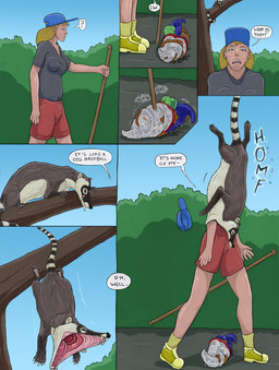ambiguous_gender baseball_cap bodily_fluids claws clothed clothing duo falling female female_prey feral feral_pred fully_clothed fur grey_body grey_fur hat head_first headgear headwear human_prey licking licking_lips open_mouth oral_vore outside partially_inside paws saliva size_difference smaller_pred sneak_attack soft_vore standing tail teeth text tongue tongue_out unwilling_prey vore white_body white_fur strega coati human mammal procyonid 2026 absurd_res comic english_text hi_res