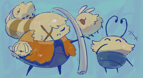 ambiguous_gender antennae_(anatomy) anthro biped eye_scar eyes_closed facial_scar feral fur group holding_another holding_melee_weapon holding_object holding_weapon melee_weapon open_mouth open_smile scar smile standing weapon blipbugbug hollow_knight:_silksong hollow_knight_(franchise) team_cherry grishkin_(hollow_knight:_silksong) vog_(hollow_knight:_silksong) arthropod flea_(hollow_knight:_silksong) hi_res female_(lore)