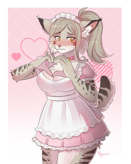 alternative_fashion anthro biped blush breasts cheek_tuft chest_tuft classic_lolita clothed clothed_anthro clothed_female clothing collar facial_tuft female front_view fully_clothed fully_clothed_anthro fully_clothed_female fur gesture grey_body grey_fur grey_hair hair heart_gesture holidays inner_ear_fluff j-fashion lolita_(fashion) maid_headdress maid_uniform ponytail solo tuft uniform yellow_eyes freyana the_invisible_man_and_his_soon-to-be_wife valentine's_day luna_jarashi bobcat felid feline lynx mammal 4:5 hi_res