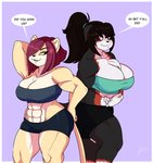 abs anthro big_breasts black_hair breasts cleavage clothed clothing duo female flexing hair looking_at_viewer muscular muscular_female purple_hair jwinkz kaylee_(jwinkz) maribelle_(jwinkz) canid canine canis domestic_dog felid lion mammal pantherine