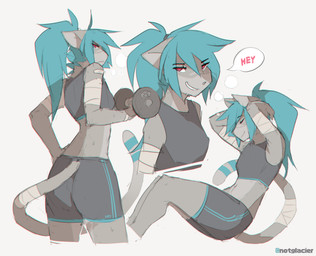 anthro athletic athletic_anthro athletic_female athletic_wear band-aid bandage blue_hair bottomwear bra clothed clothing dumbbell exercise female fingers fur grey_body grey_fur hair looking_at_viewer markings pink_eyes ponytail pose shorts simple_background sit-up smile solo spandex spandex_shorts sports_bra striped_markings striped_tail stripes tail tail_markings text text_on_bottomwear text_on_clothing text_on_underwear tight_bottomwear tight_clothing tight_shorts tomboy topwear underwear weightlifting weights white_background workout notglacier kei_(notglacier) domestic_cat felid feline felis mammal absurd_res digital_drawing_(artwork) digital_media_(artwork) english_text hi_res