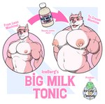 1ceberg absurd_res advertisement anthro belly big_nipples big_pecs bodily_fluids body_size_growth canid canine canis english_text expansion fake_advertisement growth hi_res lactating looking_at_viewer male male_lactation mammal milk muscle_growth musclegut muscular muscular_male nipples nude overweight pecs pink_body potion red_(red_loup) size_transformation solo text tongue tongue_out transformation transformation_potion wolf