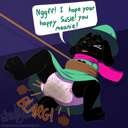 3_toes ambiguous_gender anthro black_body black_fur bound clothed clothing dialogue diaper dragging embarrassed eyes_closed fart fart_cloud feces feet floppy_ears fur green_clothing green_hat green_headwear green_robe hat headgear headwear heart_symbol lying on_back open_mouth pink_scarf pooping robe scarf simple_background soiled_diaper soiling soiling_diaper solo sound_effects speech_bubble text toes unclean_diaper used_diaper wavy_mouth wearing_diaper wizard_hat shadyadi deltarune undertale_(series) ralsei bovid caprine darkner goat mammal 1:1 2023 artist_name english_text full-length_portrait hi_res portrait signature url male_(lore)