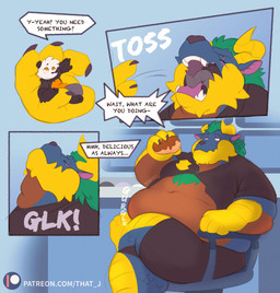 anthro bulge detailed_background dialogue distracted eyes_closed forced male male/male mawplay micro oblivious open_mouth oral_vore overweight patreon_logo patreon_username rumbling_stomach security security_guard size_difference sound_effects speech_bubble swallowing text tossing unaware_pred unwilling_prey vore vowelless vowelless_sound_effect that_j mythology patreon j_(imyourj) bear dragon giant_panda mammal mythological_creature mythological_scalie scalie artist_name comic english_text hi_res url