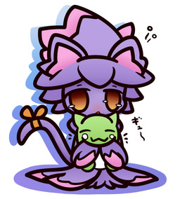 accessory bodily_fluids bow_(feature) bow_accessory bow_ribbon cat_tail clothing doll female furgonomics hat headgear headwear magic_user open_mouth orange_eyes ribbons simple_background solo tail tail_accessory tail_bow tail_ribbon tears text witch witch_hat concave_(artist) nintendo pokemon substitute_doll generation_4_pokemon ghost mismagius pokemon_(species) spirit japanese_text
