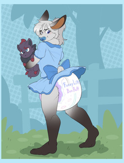 ambiguous_gender anthro barefoot big_diaper blue_border blue_bow blue_clothing blue_dress blue_pacifier blush blush_lines border bow_ribbon clean_diaper clothed clothing diaper dotted_background dress embarrassed feet fence fur gradient_ears gradient_fur grass grey_body grey_fur grey_tail holding_object holding_plushie looking_back object_in_mouth orange_inner_ear pacifier pacifier_in_mouth pattern_background plant plantigrade plushie pokemon_plushie scut_tail short_tail simple_background solo standing tail text tree wearing_diaper wetness_indicator bubblepuppers nintendo pokemon reni_(remiya) generation_5_pokemon lagomorph leporid mammal pokemon_(species) rabbit zorua english_text full-length_portrait hi_res portrait