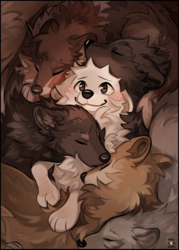 ambiguous_gender black_nose blush brown_body brown_eyes brown_fur cuddle_pile cuddling ears_down feral fur group head_on_chest multicolored_body multicolored_fur paws pivoted_ears rounded_ears sleeping sleeping_together smile tail tan_body tan_fur tuft white_body white_fur nellorain canid canine canis domestic_dog mammal wolf hi_res