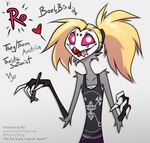 4_fingers ambiguous_gender anthro beak blonde_hair clothing clown_makeup eye_makeup fingers fur grey_body grey_fur hair heart_symbol holding_object holding_pen looking_at_viewer makeup marker pen piercing pink_sclera red_beak shirt simple_background slim smile solo tank_top text tied_hair tongue tongue_out tongue_piercing topwear white_background white_eyes white_face rotarr hazbin_hotel hellaverse helluva_boss fan_character bird_demon goetia owl_demon shaded signature watermark