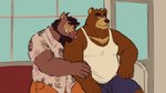 anthro belly bottomwear brown_body clothing duo eyes_closed hug humanoid_hands male male/male overweight overweight_male shirt shorts sitting topwear shibacream morenatsu juuichi_mikazuki steeb_the_boar bear mammal suid suina sus_(pig) wild_boar 16:9 2021 4k absurd_res hi_res widescreen