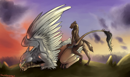 ambiguous_gender ambiguous_on_anthro ambiguous_penetrated ambiguous_penetration anthro anthro_on_feral anthro_penetrating anthro_penetrating_feral athletic beak bestiality biped brown_body brown_fur butt claws detailed_background duo eyes_closed feathered_wings feathers feral feral_penetrated from_behind_position fur hill interspecies larger_ambiguous larger_feral larger_penetrated larger_sub looking_pleasured male male/ambiguous male_on_feral male_penetrating male_penetrating_ambiguous outside penetration quadruped sex side_view size_difference smaller_anthro smaller_male submissive sunset tail white_body white_feathers wings yellow_eyes stupidsexyrobes mythology avian canid canine canis gryphon mammal mythological_avian mythological_creature wolf hi_res signature
