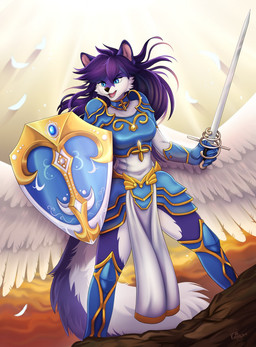 anthro armor black_nose blue_eyes clothed clothing detailed_background feathered_wings feathers female hair holding_melee_weapon holding_object holding_sword holding_weapon melee_weapon open_mouth purple_hair shield solo standing sword teeth tongue weapon wings ketty lucia_(grey_wolf_570) canid canine canis mammal wolf 2019 digital_media_(artwork) hi_res