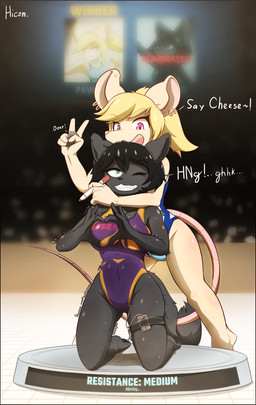 anthro bodily_fluids body_control clothing defeated dominant dominant_female duo egg_vibrator female female/female forced_pose forced_smile gesture heart_gesture humiliation leotard prey_dom_predator_sub sex_toy submissive submissive_female sweat text text_on_clothing transfix_panel transfixation vibrator victory hiconnen pawkaf domestic_cat felid feline felis mammal mouse murid murine rodent absurd_res hi_res story_at_source