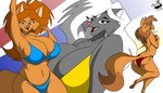 anthro bikini breasts clothing female group swimwear two-piece_swimsuit chrisandcompany daryl_vecat kelsey_sienna neve_vecat domestic_cat felid feline felis mammal mephitid skunk 7:4 absurd_res hi_res