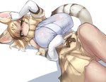 armwear big_breasts blonde_hair blush bottomwear bow_tie breasts clothed clothing detached_sleeves dipstick_tail female hair highlights_(coloring) huge_breasts inner_ear_fluff lying markings medium_hair nipple_outline on_side skirt solo striped_markings striped_tail stripes tail tail_markings tuft yellow_eyes urisaba kemono_friends sand_cat_(kemono_friends) animal_humanoid felid felid_humanoid feline feline_humanoid humanoid mammal mammal_humanoid absurd_res hi_res