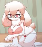 anthro big_breasts bodily_fluids bottomwear bow_panties bow_underwear bra breasts cleavage clothed clothing eyewear female female_anthro fur glasses hair holding_breast kemono neck_tuft panties pink_bra pink_clothing pink_underwear red_eyes solo sweat topwear tuft underwear underwear_only white_body white_clothing white_fur white_hair white_panties white_underwear crepix lagomorph leporid mammal rabbit 2021 digital_media_(artwork)