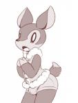 2018 amphlow animal_crossing anthro big_ears bottomwear bulge clothed clothing crossgender deer fauna_(animal_crossing) femboy ftm_crossgender hotpants male mammal monochrome nintendo open_mouth shorts simple_background solo standing surprise sweater teapot_(body_type) topwear vest white_background