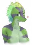 clothed clothing feathers female green_body green_scales looking_at_viewer purple_body purple_scales scales simple_background smile solo stripes topless white_background konbon_art zaria_corazon chameleon lizard reptile scalie bust_portrait portrait