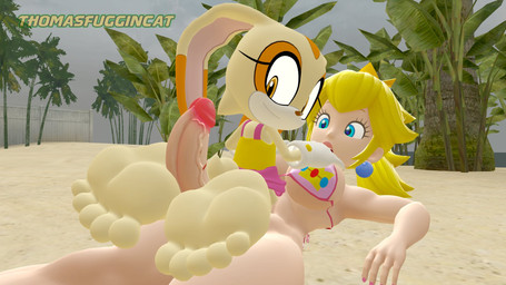 5_toes anthro big_penis blonde_hair bottomless bra bra_only breasts clothed clothing dominant dominant_young duo feet female foot_fetish foot_focus foot_play footjob genitals gynomorph gynomorph/female hair hand_on_breast human_on_anthro humanoid_feet intersex intersex/female interspecies looking_back lying on_back penile penis plantigrade sand sex sitting sitting_on_another toes underwear underwear_only young younger_dom_older_sub thomasfuggincat mario_bros nintendo sega sonic_the_hedgehog_(series) cream_the_rabbit princess_peach human lagomorph leporid mammal rabbit 16:9 3d_(artwork) digital_media_(artwork) hi_res widescreen