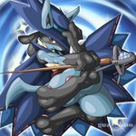 ambiguous_gender anthro blue_body blue_fur detailed_background fur holding_object holding_staff holowear_(pokemon) looking_at_viewer red_eyes semi_clothed solo spikes spikes_(anatomy) staff tan_body tan_fur text guzu_kuo nintendo pokemon pokemon_unite costume_party_style_lucario canid generation_4_pokemon lucario mammal pokemon_(species) 1:1 2020 artist_name