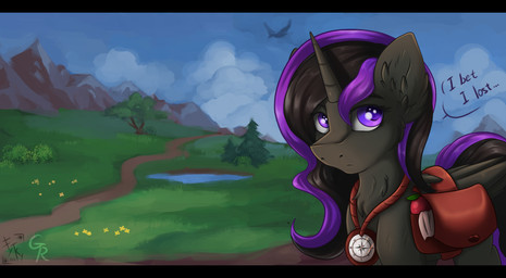 ambiguous_gender black_bars black_body black_feathers black_fur black_mane black_tail black_wings compass dialogue feathered_wings feathers feral fur horn inner_ear_fluff looking_at_viewer mane mountain multicolored_mane multicolored_tail outside plant purple_eyes purple_mane purple_tail quadruped saddle_bag solo tail text tree tuft wings fkk greisen hasbro my_little_pony mythology fan_character equid equine mammal mythological_creature mythological_equine winged_unicorn english_text hi_res signature