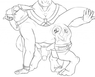 anthro bit_gag duo erection eyes_closed facial_hair foreskin front_view gag gagged genitals goatee harness humanoid_genitalia humanoid_penis male male_anthro mouth_closed nude penis side_view simple_background darkgem mythology dragon mythological_creature mythological_scalie scalie monochrome sketch