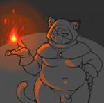 anthro balls clothed clothing fire genitals magic male moobs overweight overweight_anthro overweight_male partially_clothed penis simple_background solo conditional_dnp erobos leliel felid feline mammal