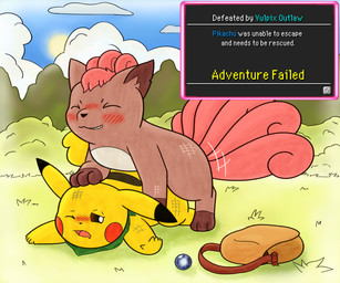 after_fight ambiguous_penetration bag blissful_mouth blush brown_eyes defeat_sex defeated detailed_background digitigrade dominant dominant_male duo female female_penetrated feral feral_on_feral feral_penetrated feral_penetrating feral_penetrating_feral from_behind_position front_view game_over gameplay_mechanics grin gui hand_on_head interspecies kerchief kerchief_only looking_at_object lying male male/female male_on_top male_penetrating male_penetrating_female mostly_nude motion_lines multi_tail multicolored_body neckerchief neckerchief_only neckwear notched_ear on_front on_top paws penetration pinned pivoted_ears questionable_consent reaching reaching_for_object red_body red_cheeks scuff_marks sex smile tail text text_box three-quarter_view wonder_orb yellow_body sakrem nintendo pokemon pokemon_mystery_dungeon spike_chunsoft canid canine generation_1_pokemon mammal pikachu pokemon_(species) rodent vulpix 6:5 digital_media_(artwork) english_text hi_res krita_(artwork)