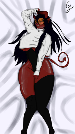 bed bed_sheet bedding big_breasts bite biting_lip black_hair bodysuit breasts clothing crop_top female footwear furniture hair legwear pose red_body red_skin relaxing shirt skinsuit socks solo tail thick_thighs thigh_highs tight_clothing topwear under_boob goldengiulia demon humanoid 9:16 hi_res pinup