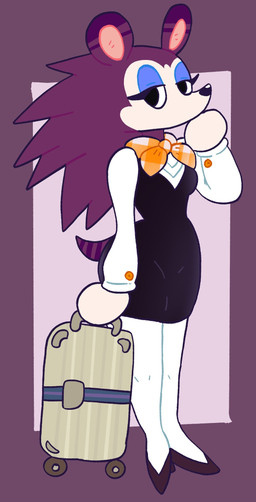 anthro ascot black_clothing black_dress clothed clothed_anthro clothed_female clothing dress eyelashes eyeshadow female female_anthro footwear fur half-closed_eyes high_heels legwear luggage makeup narrowed_eyes pattern_clothing plaid plaid_clothing purple_background purple_body purple_fur shoes simple_background small_waist solo tail topwear white_clothing white_legwear white_topwear mschaox6 animal_crossing nintendo label_able eulipotyphlan hedgehog mammal 2023 digital_drawing_(artwork) digital_media_(artwork) full-length_portrait hi_res portrait