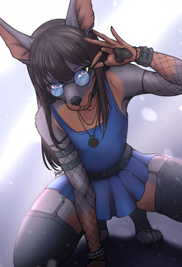 accessory anthro armwear bangs belt bracelet clothed clothing collar crossdressing dress eyewear femboy fishnet_armwear fishnet_clothing garter_straps glasses hair jewelry kikuko leather legwear long_hair looking_at_viewer male paws pose round_glasses solo stockings thigh_highs wearing_glasses vaspi kiku_(vaspi) canid canine canis dobermann domestic_dog mammal pinscher absurd_res hi_res pinup