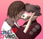 anthro blush brown_hair clothed clothing duo ears_down eyes_closed female hair kissing male male/female one_eye_closed pivoted_ears self_insert joellovejuno bluejuicyjuice_(modeler) ludexus_(modeler) beastars joel_(joellovejuno) juno_(beastars) canid canine canis human mammal wolf 3d_(artwork) digital_media_(artwork) hi_res source_filmmaker_(artwork)