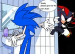 anthro bathroom blue_body clothing dialogue duo gloves gun hair handgun handwear holding_gun holding_handgun holding_object holding_pistol holding_ranged_weapon holding_weapon humor male mirror pistol ranged_weapon sink speech_bubble standing tail text weapon wet kumakumaoii sega sonic_the_hedgehog_(series) shadow_the_hedgehog sonic_the_hedgehog eulipotyphlan hedgehog mammal digital_media_(artwork) english_text hi_res meme